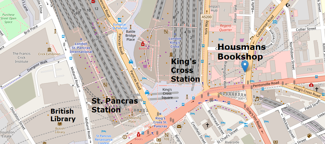 Image of map showing Housmans Bookshop, King's Cross St. Pancras and Euston Stations. Plus British Library