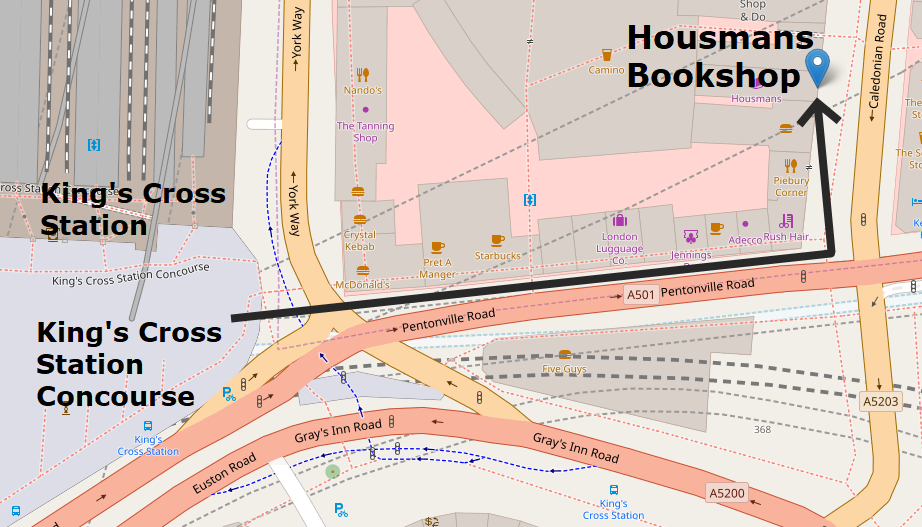 Walking route from King's Cross Station to Housmans Bookshop